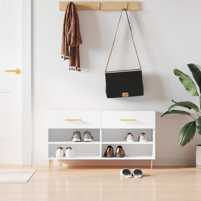 vidaXL Panca Porta Scarpe Bianco Lucido 102x35x55 cm Legno Multistrato vidaXL Panca Porta Scarpe Bianco Lucido 102x35x55 cm Legno Multistrato