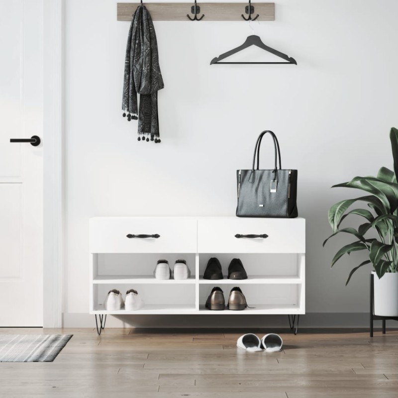 vidaXL Panca Porta Scarpe Bianco Lucido 102x35x55 cm Legno Multistrato vidaXL Panca Porta Scarpe Bianco Lucido 102x35x55 cm Legno Multistrato