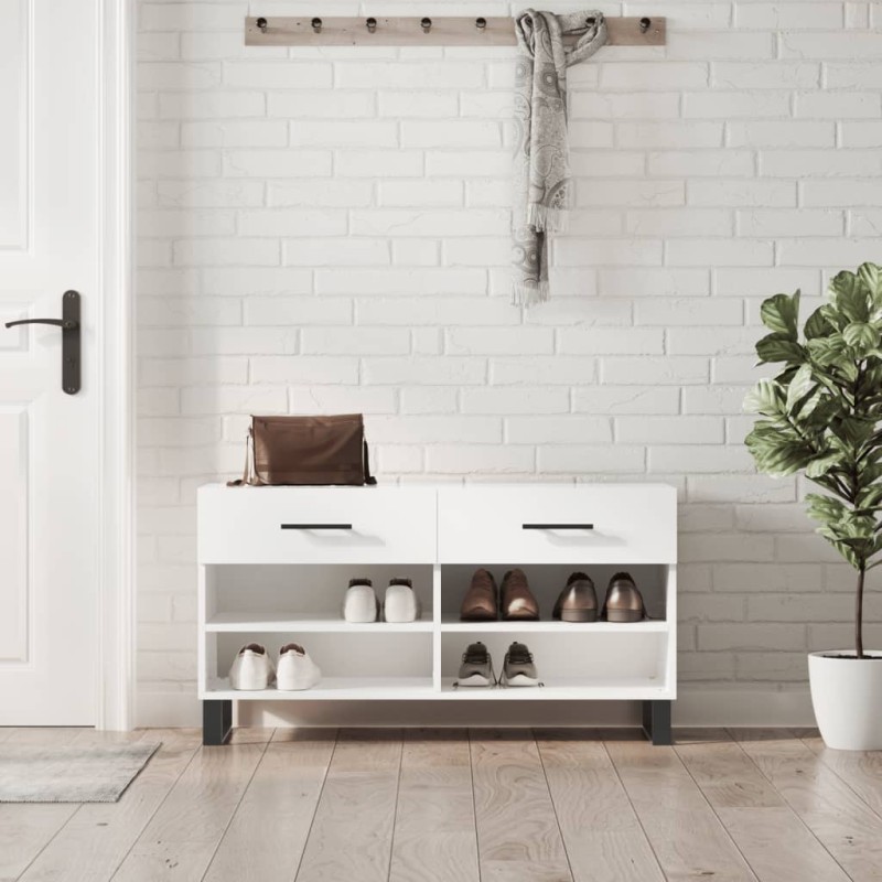 vidaXL Panca Porta Scarpe Bianco Lucido 102x35x55 cm Legno Multistrato vidaXL Panca Porta Scarpe Bianco Lucido 102x35x55 cm Legno Multistrato