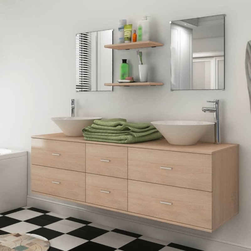 Set Mobili per Bagno 9 pz con Lavandino e Rubinetto Beige Set Mobili per Bagno 9 pz con Lavandino e Rubinetto Beige