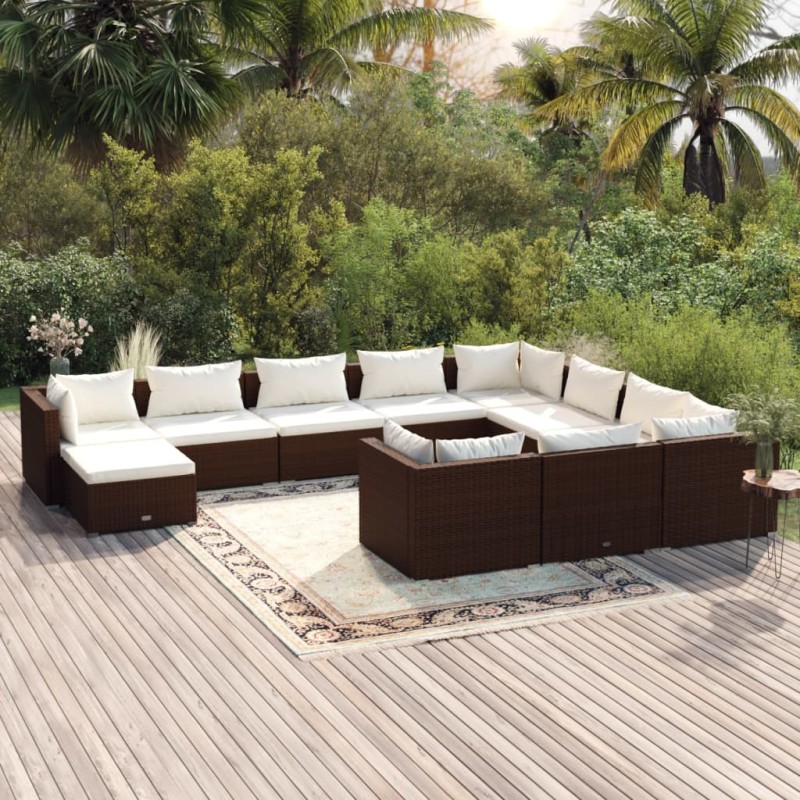 Set Mobili da Giardino 11 pz con Cuscini in Polyrattan Marrone Set Mobili da Giardino 11 pz con Cuscini in Polyrattan Marrone
