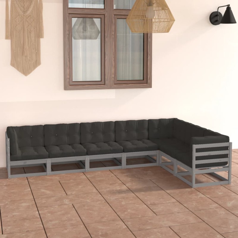 vidaXL Set Divani da Giardino 7 pz Grigio Cuscini Massello di Pino