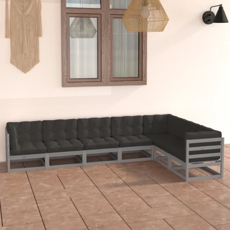 vidaXL Set Divani da Giardino 7 pz Grigio Cuscini Massello di Pino