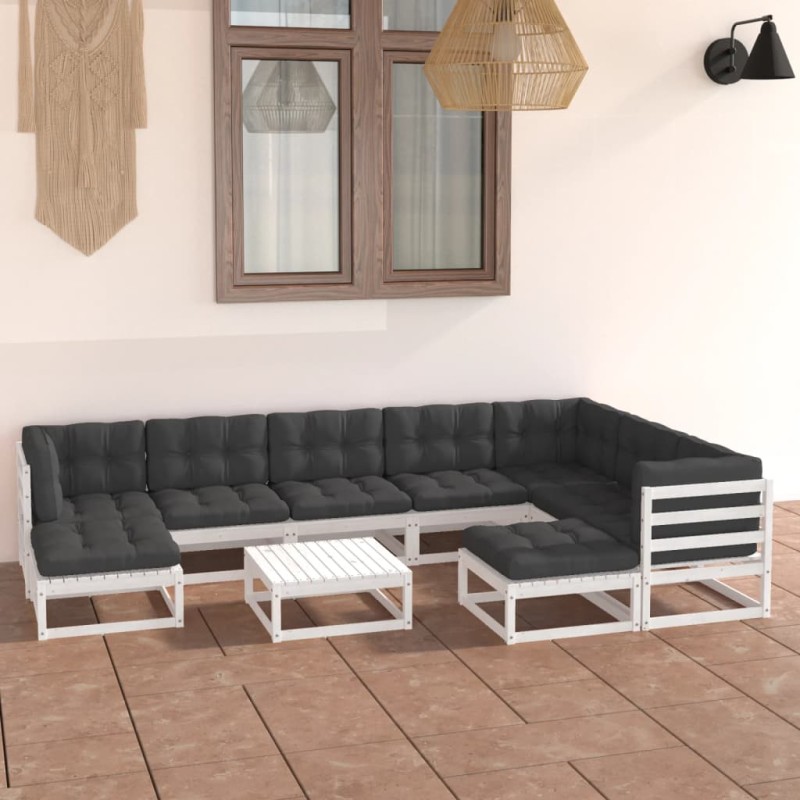 vidaXL Set Divani da Giardino 10 pz Cuscini Bianchi Massello di Pino vidaXL Set Divani da Giardino 10 pz Cuscini Bianchi Massello di Pino