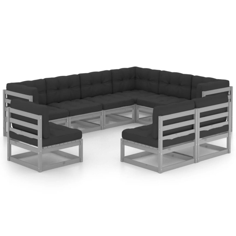 vidaXL Set Divani da Giardino 9 pz Grigio Cuscini Massello di Pino vidaXL Set Divani da Giardino 9 pz Grigio Cuscini Massello di Pino