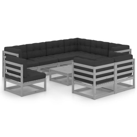vidaXL Set Divani da Giardino 10pz con Cuscini Grigio Massello di Pino