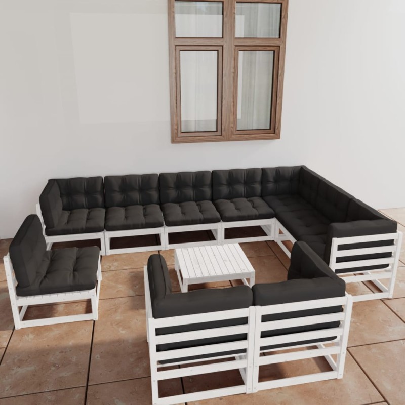 vidaXL Set Divani da Giardino 11pz con Cuscini Massello di Pino Bianco vidaXL Set Divani da Giardino 11pz con Cuscini Massello di Pino Bianco