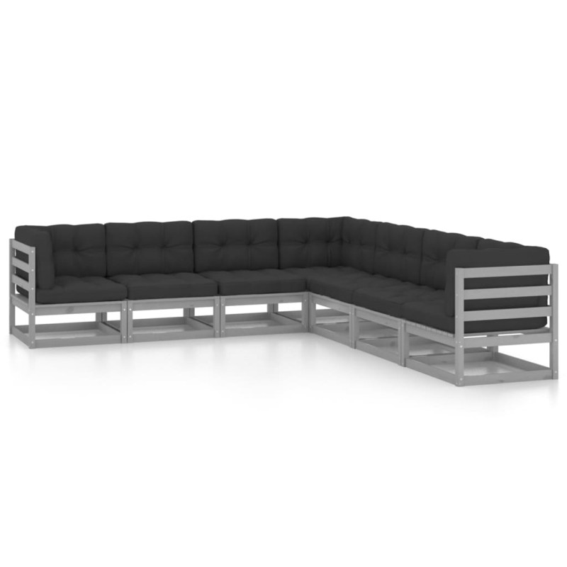 vidaXL Set Divani da Giardino 7 pz Grigio Cuscini Massello di Pino vidaXL Set Divani da Giardino 7 pz Grigio Cuscini Massello di Pino