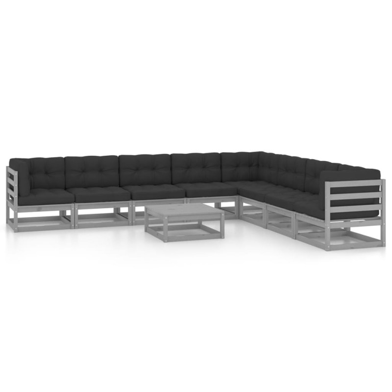 vidaXL Set Divani da Giardino 9 pz Grigio Cuscini Massello di Pino vidaXL Set Divani da Giardino 9 pz Grigio Cuscini Massello di Pino