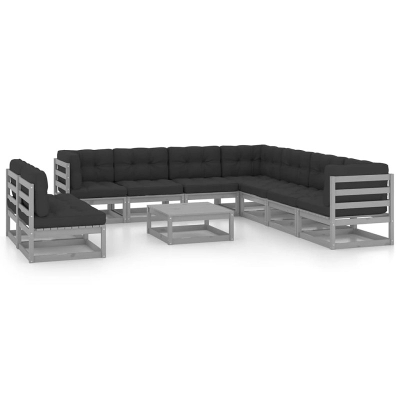 vidaXL Set Divani da Giardino 10pz con Cuscini Grigio Massello di Pino vidaXL Set Divani da Giardino 10pz con Cuscini Grigio Massello di Pino