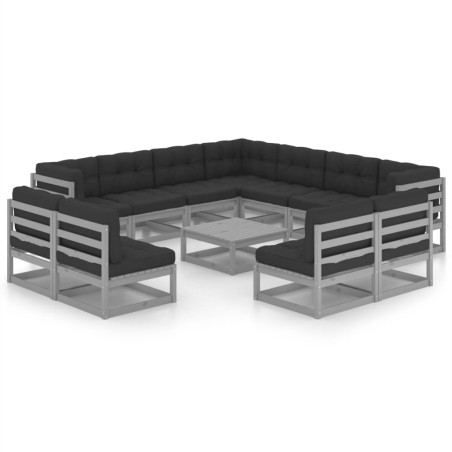 vidaXL Set Divani da Giardino 12pz con Cuscini Grigio Massello di Pino