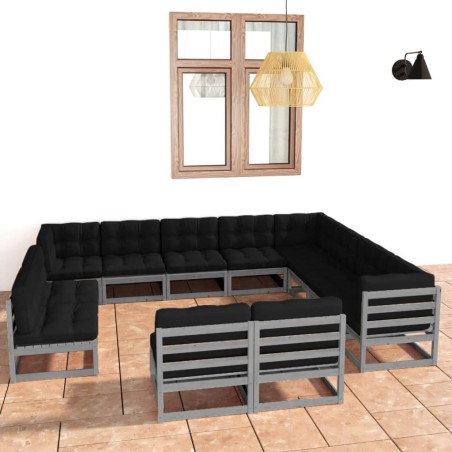 vidaXL Set Divani da Giardino 12pz con Cuscini Grigio Massello di Pino
