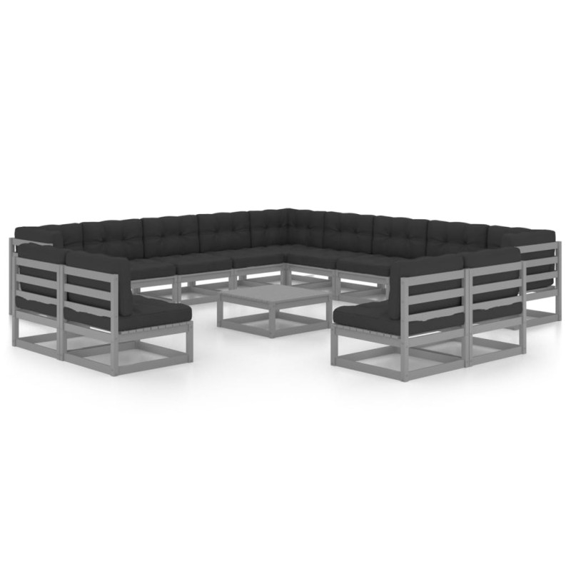 vidaXL Set Divani da Giardino 14pz con Cuscini Grigio Massello di Pino vidaXL Set Divani da Giardino 14pz con Cuscini Grigio Massello di Pino