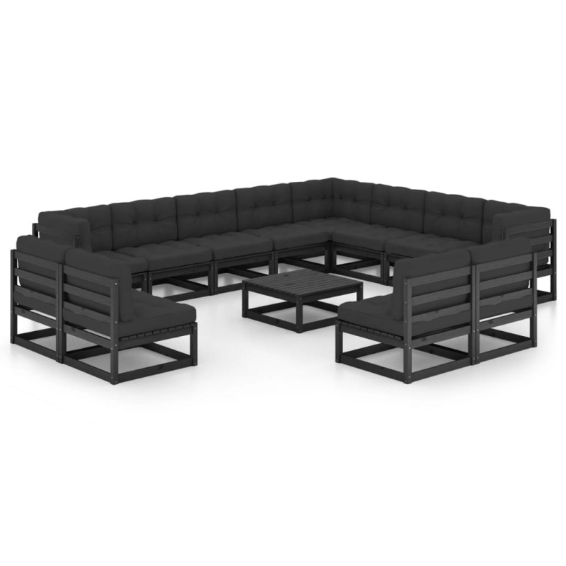 vidaXL Set Divani da Giardino 14 pz con Cuscini Massello di Pino Nero