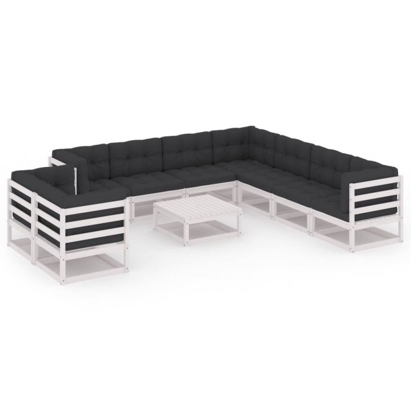 vidaXL Set Divani da Giardino 10 pz Cuscini Bianchi Massello di Pino vidaXL Set Divani da Giardino 10 pz Cuscini Bianchi Massello di Pino