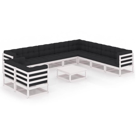 vidaXL Set Divani da Giardino 11pz con Cuscini Massello di Pino Bianco