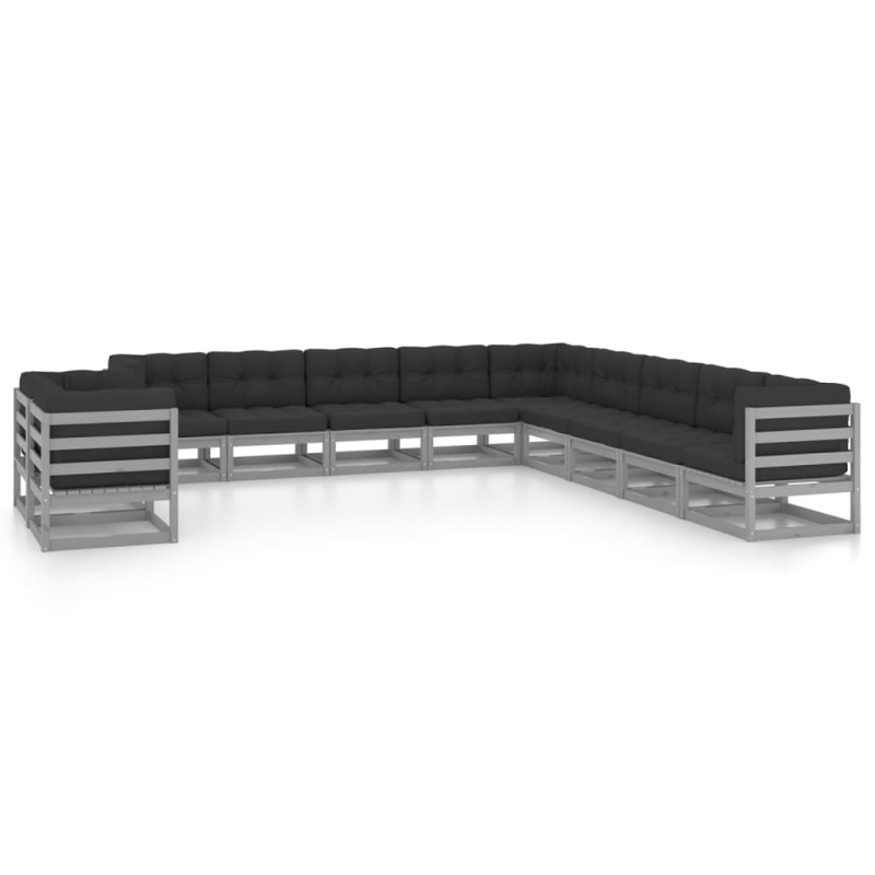 vidaXL Set Divani da Giardino 11 pz Grigio Cuscini Massello di Pino vidaXL Set Divani da Giardino 11 pz Grigio Cuscini Massello di Pino