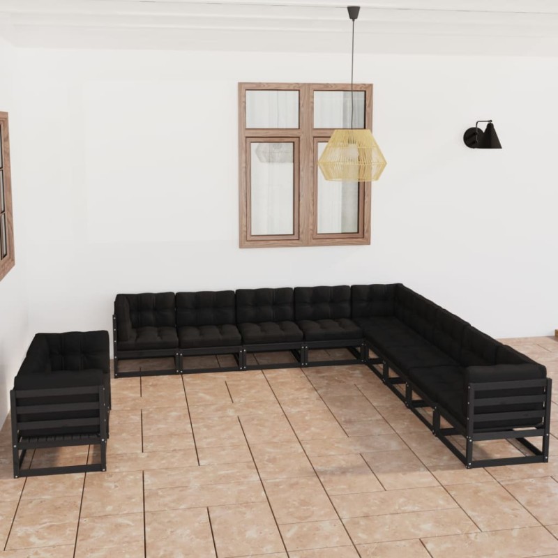 vidaXL Set Divani da Giardino 11 pz con Cuscini Massello di Pino Nero vidaXL Set Divani da Giardino 11 pz con Cuscini Massello di Pino Nero