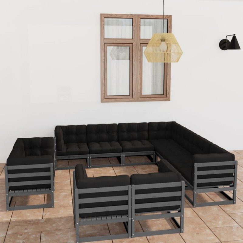 vidaXL Set Divani da Giardino 11 pz Grigio Cuscini Massello di Pino vidaXL Set Divani da Giardino 11 pz Grigio Cuscini Massello di Pino