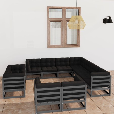 vidaXL Set Divani da Giardino 11 pz Grigio Cuscini Massello di Pino