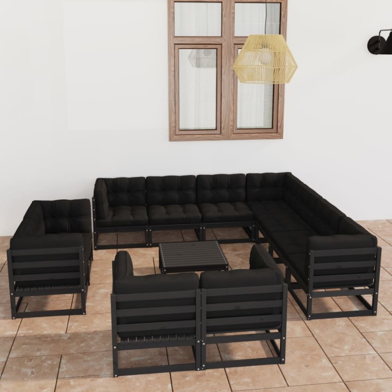 vidaXL Set Divani da Giardino 12 pz con Cuscini Massello di Pino Nero vidaXL Set Divani da Giardino 12 pz con Cuscini Massello di Pino Nero
