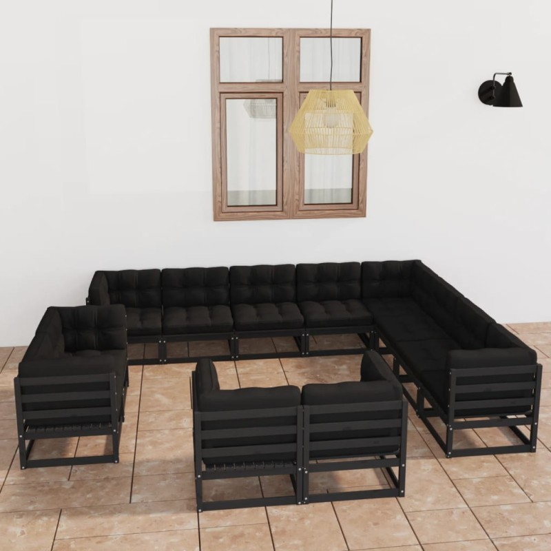vidaXL Set Divani da Giardino 12 pz con Cuscini Massello di Pino Nero vidaXL Set Divani da Giardino 12 pz con Cuscini Massello di Pino Nero