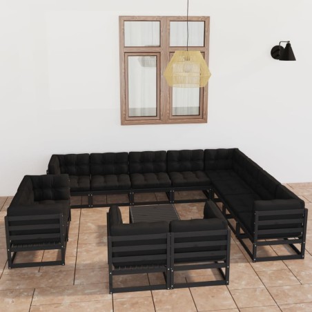 vidaXL Set Divani da Giardino 13 pz con Cuscini Massello di Pino Nero