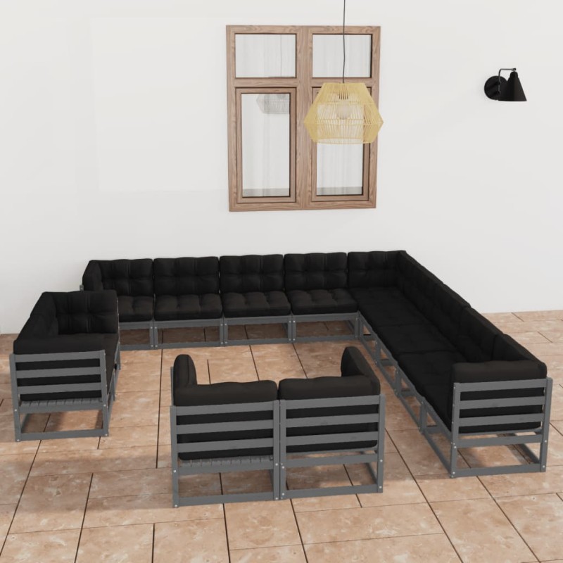 vidaXL Set Divani da Giardino 13 pz Grigio Cuscini Massello di Pino vidaXL Set Divani da Giardino 13 pz Grigio Cuscini Massello di Pino