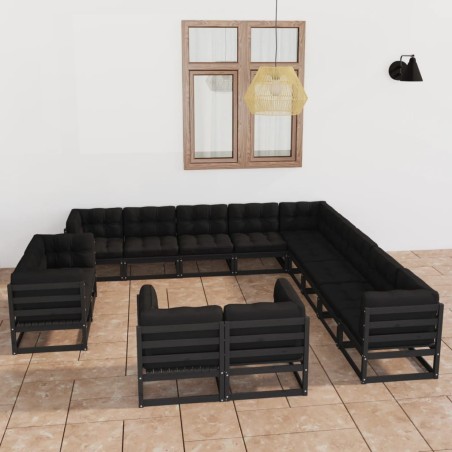vidaXL Set Divani da Giardino 13 pz con Cuscini Massello di Pino Nero