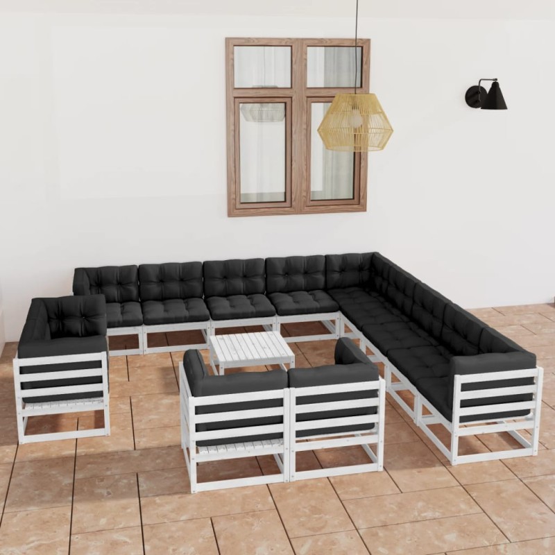 vidaXL Set Divani da Giardino 14 pz Cuscini Bianchi Massello di Pino