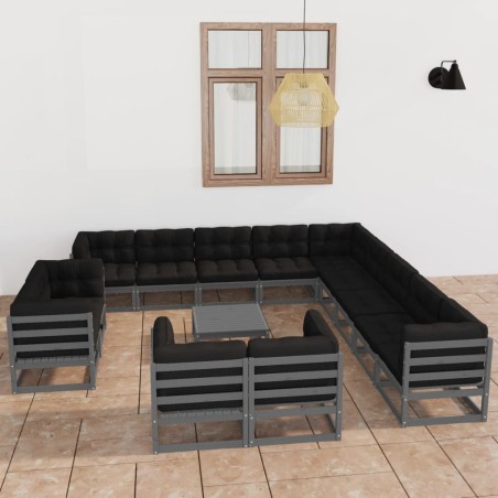 vidaXL Set Divani da Giardino 14pz con Cuscini Grigio Massello di Pino