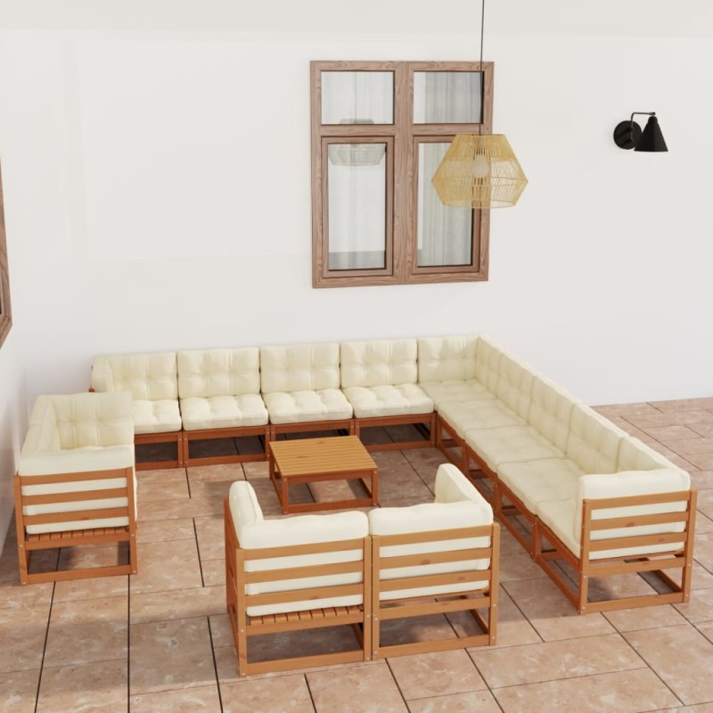 vidaXL Set Divani da Giardino 14 pz Cuscini Miele in Massello di Pino