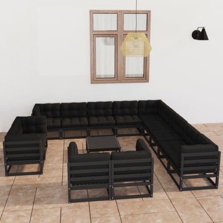 vidaXL Set Divani da Giardino 14 pz con Cuscini Massello di Pino Nero