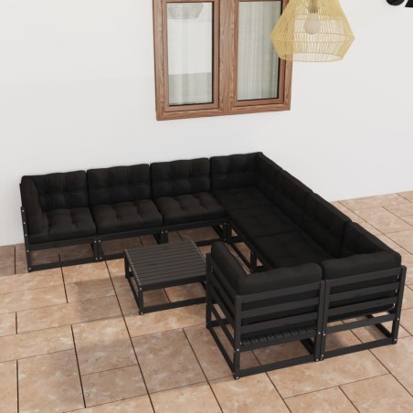 vidaXL Set Divani da Giardino 9 pz con Cuscini Massello di Pino Nero