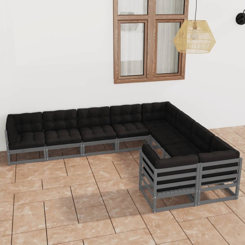 vidaXL Set Divani da Giardino 9 pz Grigio Cuscini Massello di Pino vidaXL Set Divani da Giardino 9 pz Grigio Cuscini Massello di Pino