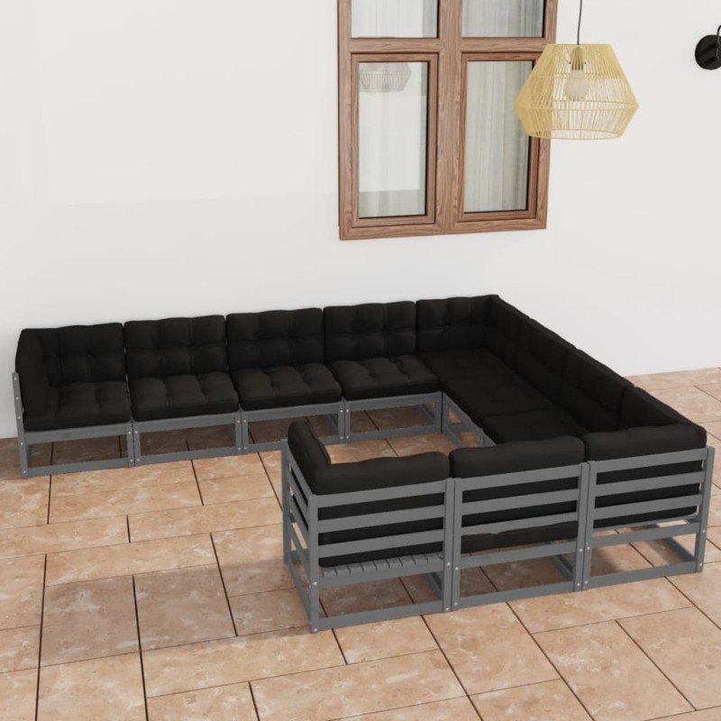 vidaXL Set Divani da Giardino 10 pz Grigio Cuscini Massello di Pino vidaXL Set Divani da Giardino 10 pz Grigio Cuscini Massello di Pino
