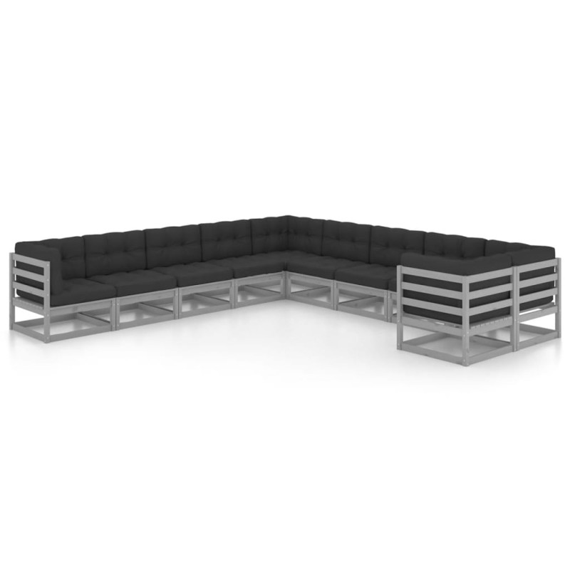 vidaXL Set Divani da Giardino 10 pz Grigio Cuscini Massello di Pino vidaXL Set Divani da Giardino 10 pz Grigio Cuscini Massello di Pino