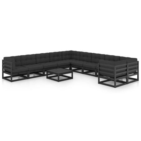 vidaXL Set Divani da Giardino 11 pz con Cuscini Massello di Pino Nero