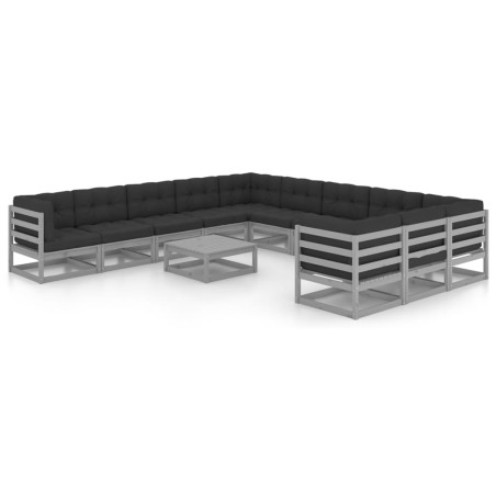 vidaXL Set Divani da Giardino 12pz con Cuscini Grigio Massello di Pino
