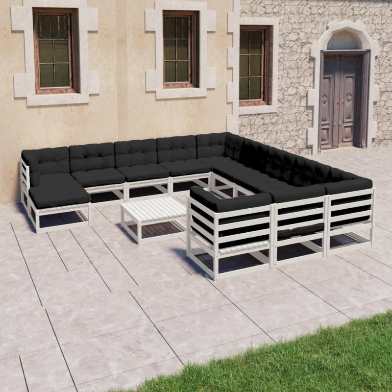 vidaXL Set Divani da Giardino 13 pz Cuscini Bianchi Massello di Pino vidaXL Set Divani da Giardino 13 pz Cuscini Bianchi Massello di Pino