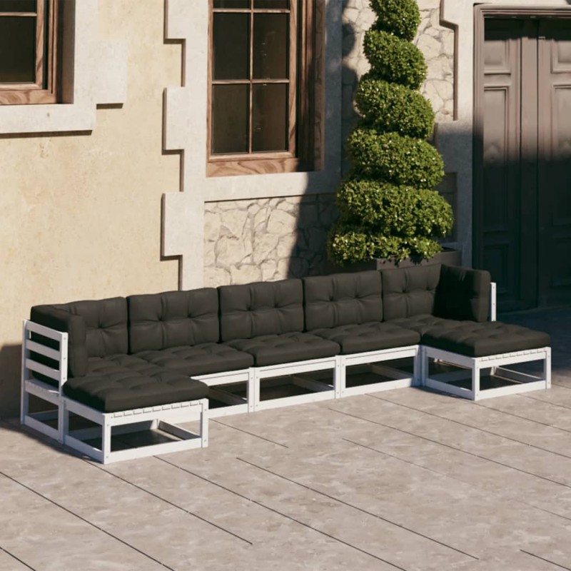 vidaXL Set Divani da Giardino 7 pz con Cuscini Massello di Pino Bianco vidaXL Set Divani da Giardino 7 pz con Cuscini Massello di Pino Bianco