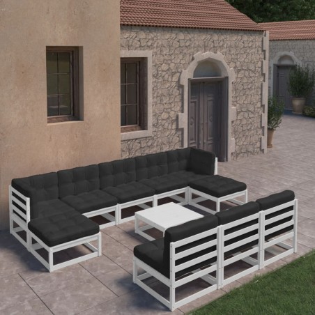 vidaXL Set Divani da Giardino 11 pz Cuscini Bianchi Massello di Pino