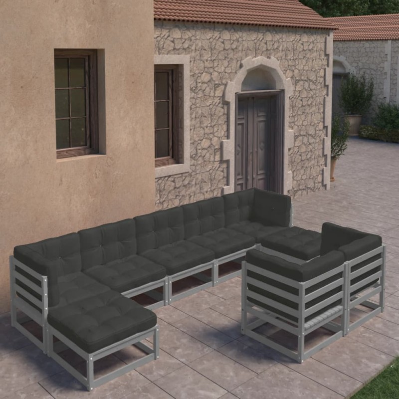 vidaXL Set Divani da Giardino 9 pz con Cuscini Grigio Massello di Pino vidaXL Set Divani da Giardino 9 pz con Cuscini Grigio Massello di Pino