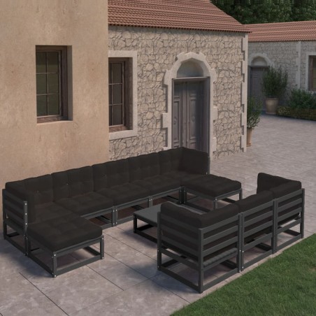 vidaXL Set Divani da Giardino 11 pz con Cuscini Massello di Pino Nero