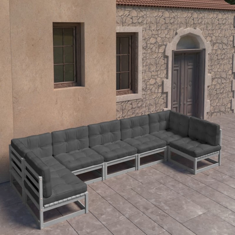 vidaXL Set Divani da Giardino 7 pz Grigio Cuscini Massello di Pino vidaXL Set Divani da Giardino 7 pz Grigio Cuscini Massello di Pino