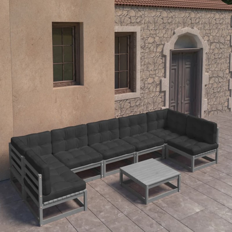 vidaXL Set Divani da Giardino 8 pz con Cuscini Grigio Massello di Pino vidaXL Set Divani da Giardino 8 pz con Cuscini Grigio Massello di Pino