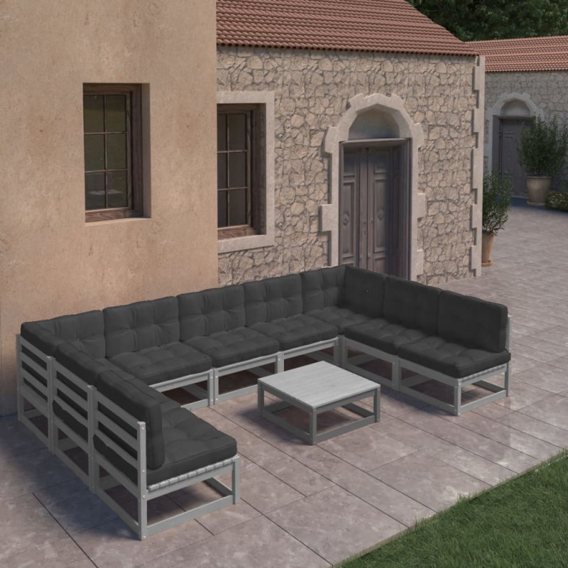 vidaXL Set Divani da Giardino 10pz con Cuscini Grigio Massello di Pino vidaXL Set Divani da Giardino 10pz con Cuscini Grigio Massello di Pino