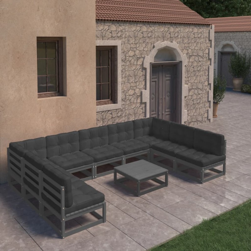 vidaXL Set Divani da Giardino 10 pz con Cuscini Massello di Pino Nero vidaXL Set Divani da Giardino 10 pz con Cuscini Massello di Pino Nero