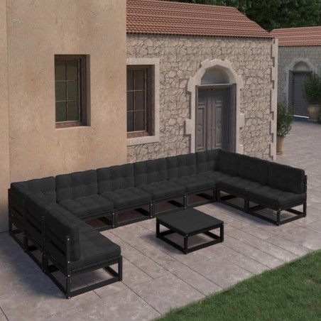 vidaXL Set Divani da Giardino 11 pz con Cuscini Massello di Pino Nero