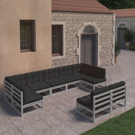 vidaXL Set Divani da Giardino 9 pz Grigio Cuscini Massello di Pino